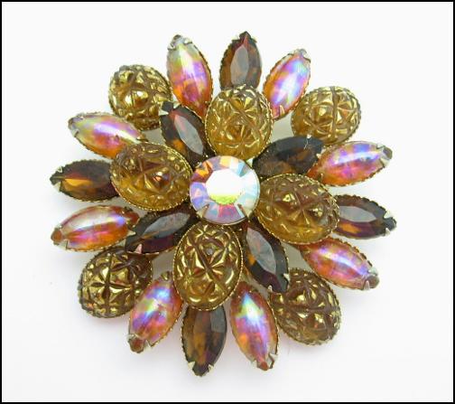*** SOLD ***AMBER Glass Molded CABOCHONS Brooch, Aurora Borealis, Brown Vintage Pin